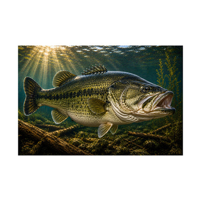 Largemouth Bass Matte Horizontal Poster — Realistic Underwater Fishing Art