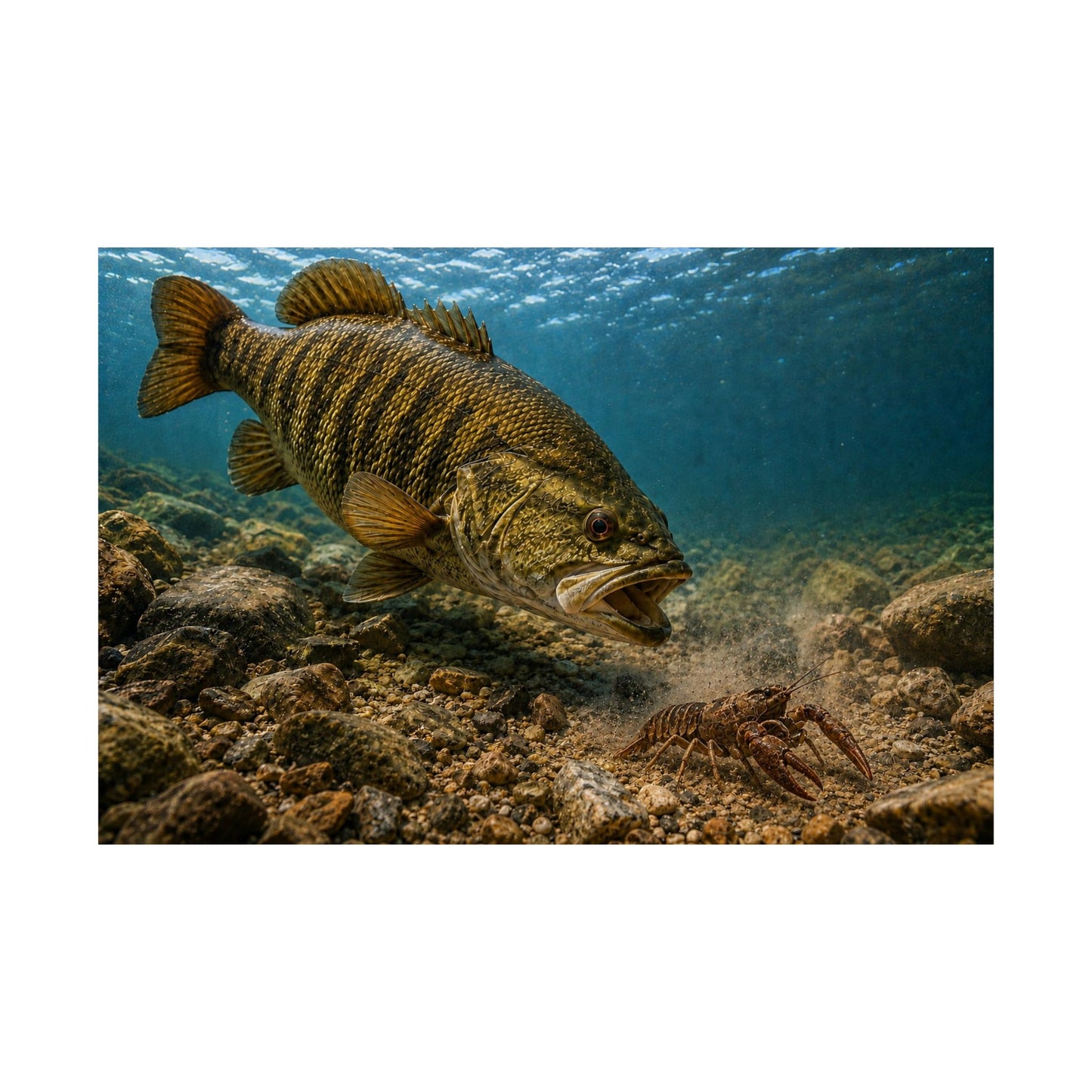 Smallmouth Bass (Micropterus dolomieu) on the Crawfish Chase — Matte Horizontal Wall Art for Anglers