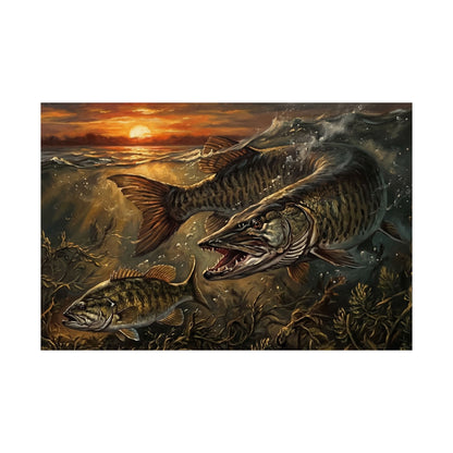 Muskie (Esox masquinongy) Sunset Fishing Poster — Matte Horizontal Wall Art for Anglers