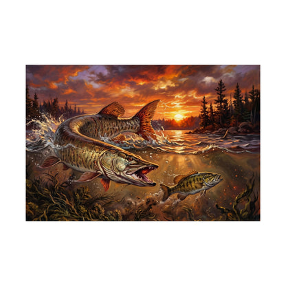 Sunset Muskie (Esox masquinongy) Fishing Poster – Matte Horizontal Wall Art for Anglers
