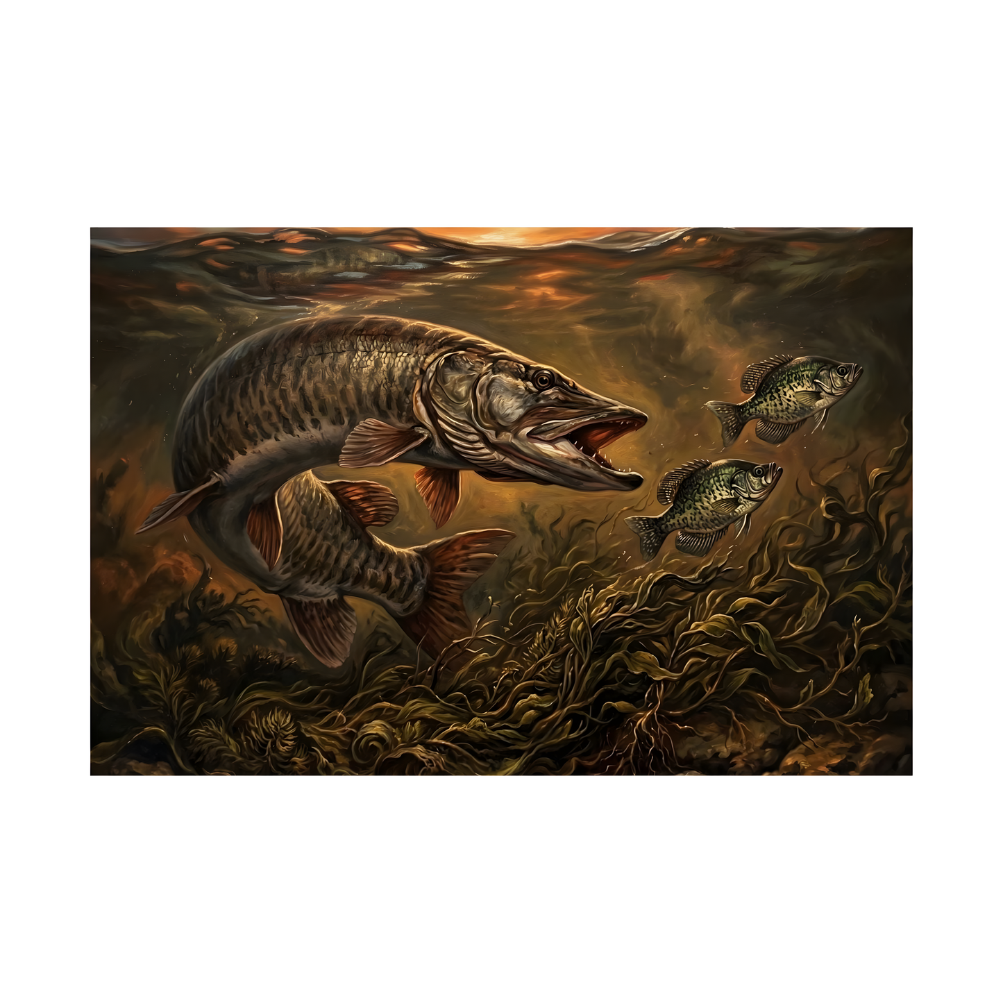 Muskie (Esox masquinongy) & Panfish Matte Horizontal Poster — Vintage Underwater Fishing Art