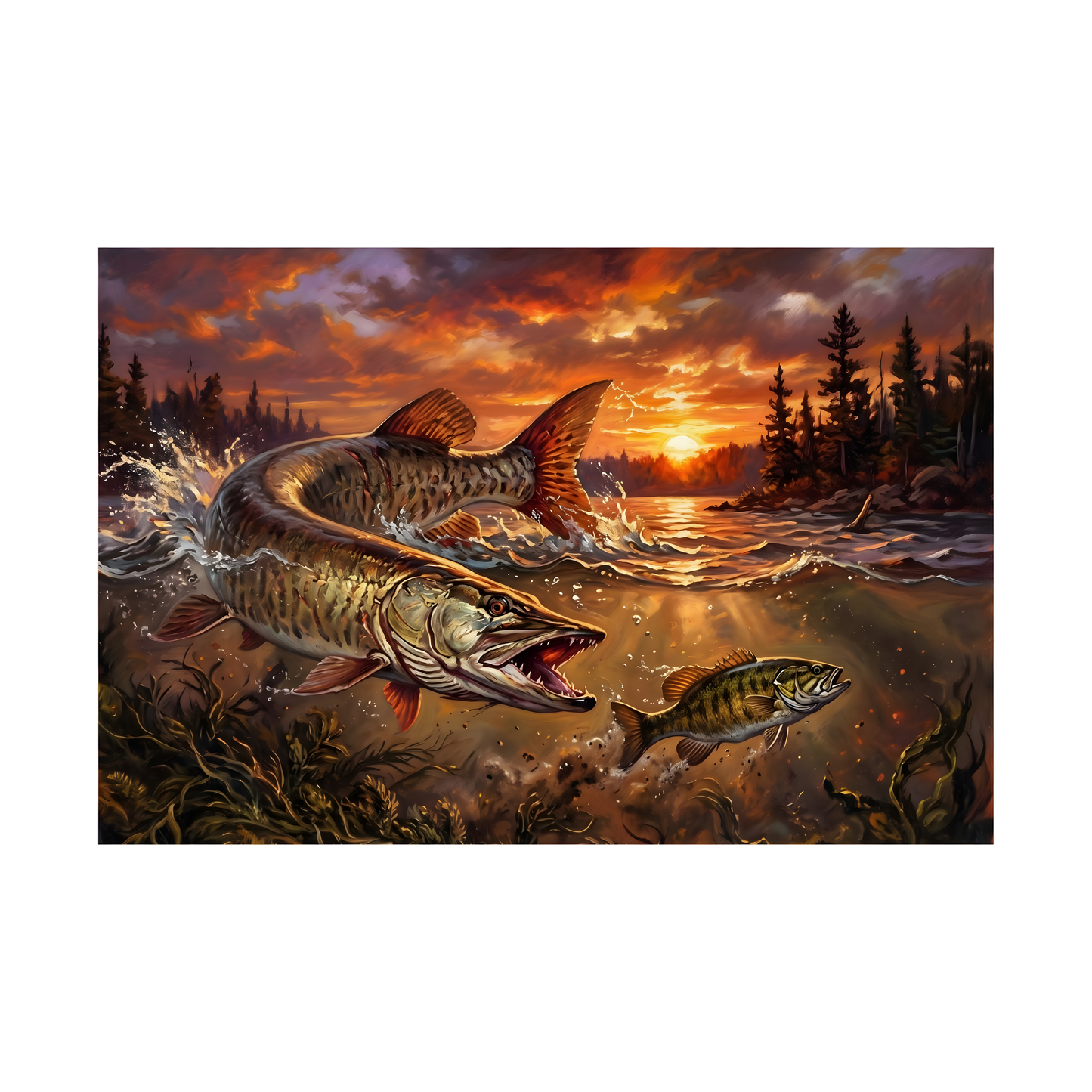Sunset Muskie (Esox masquinongy) Fishing Poster – Matte Horizontal Wall Art for Anglers