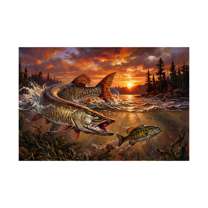 Sunset Muskie (Esox masquinongy) Fishing Poster – Matte Horizontal Wall Art for Anglers
